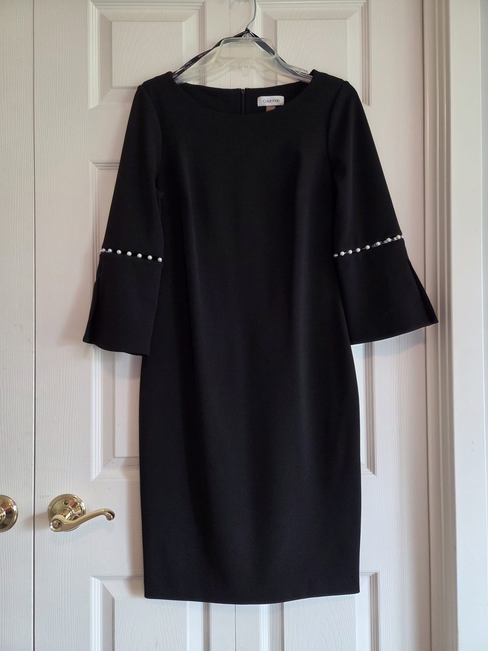 Calvin Klein Black Pearl-Trim Bell Sleeve Sheath Dress